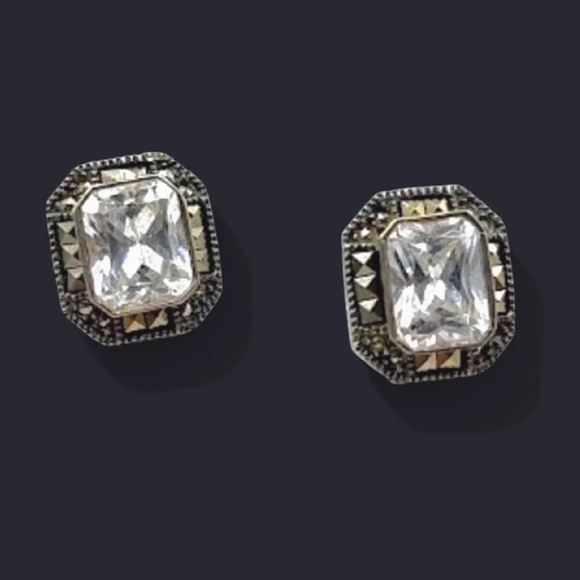 JUDITH JACK Sterling Silver Marcasite Faceted CZ Vintage Earrings - Picture 2 of 16